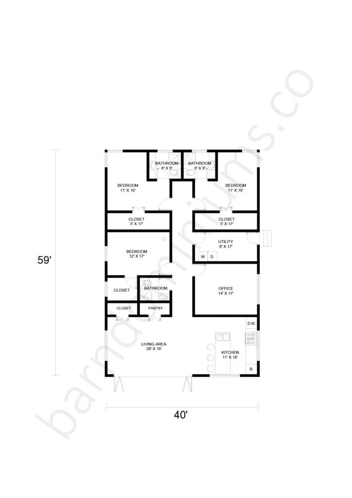 3 bedroom barndominium floor plan