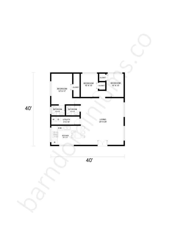 3 bedroom barndominium floor plan