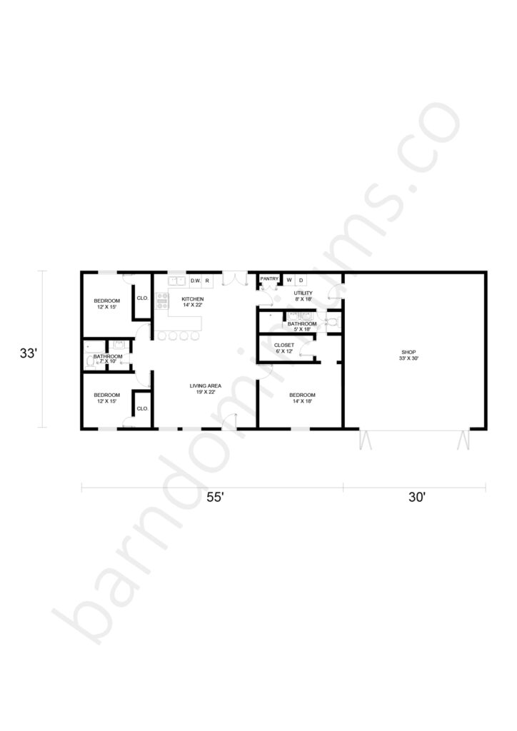 3 bedroom barndominium floor plan