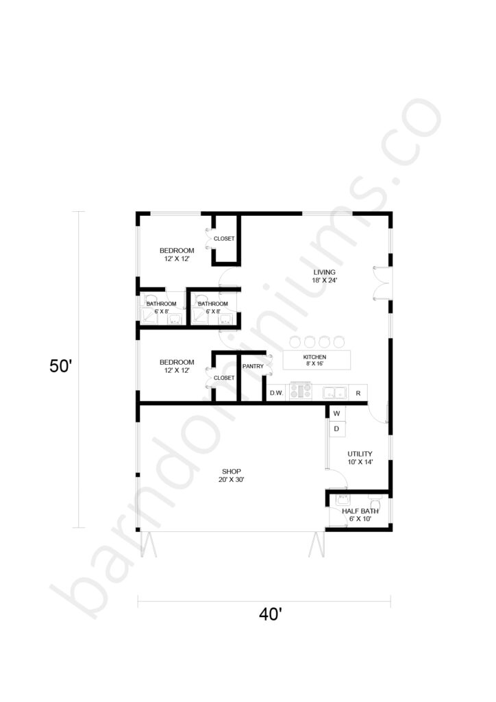 2 bedroom barndominium floor plan