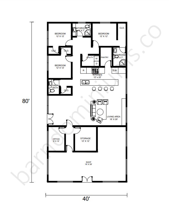 40x80 Barndominium Floor Plans with Shops - Floor Plan 5