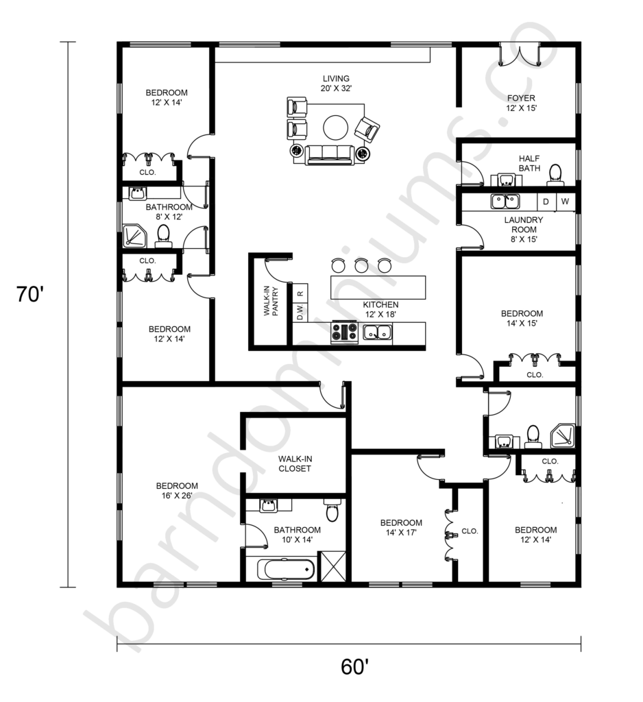 6 bedroom Barndominium floor plan that is  70 by 60