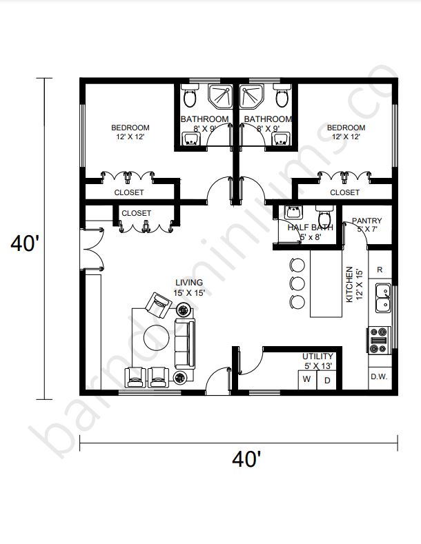 40x40 Barndominium Floor Plans - 4